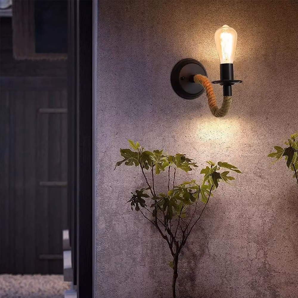 COMELY 2 Pack Industrial Wall Lamps in Black with Hemp Rope and E27 Retro Design – 3