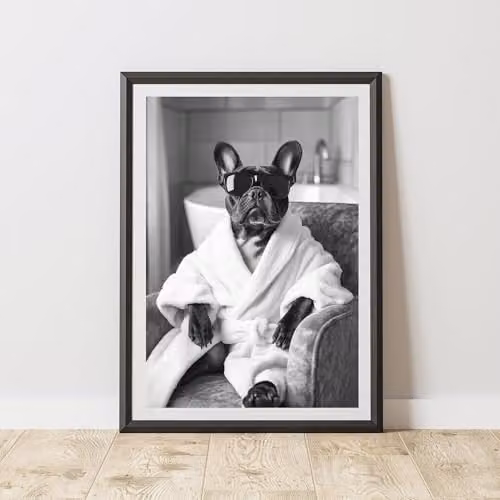 60 Second Makeover French Bulldog Dressing Gown Animal Print Paper Poster, W: 21.0 cm, H: 29.7 cm, Multicolour