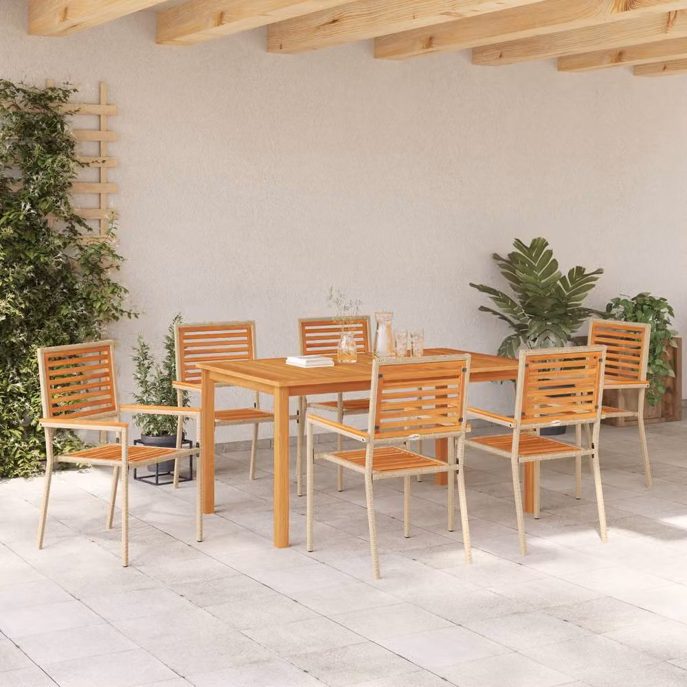 Berkfield Home 7 Piece Beige Poly Rattan and Acacia Wood Garden Dining Set – 3