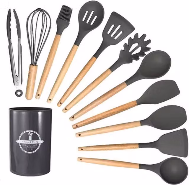PAWNORA 12-Piece Heat Resistant Silicone Cooking Spoon Set in Black