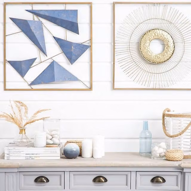 Wyld and Coco 3D Geometric Metal Wall Art in Blue and Gold, W: 50 cm, H: 50 cm