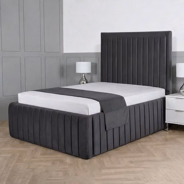 Living Comfort Bedz Saint Germain Grey Velvet Upholstered Gas Lift Storage Bed with 48 Inch Headboard, Size: Single (90 x 200 cm) – 1