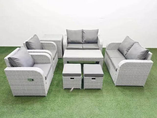 Fimous 8 Seater Rattan Garden Furniture Set in Light Grey with Oblong Coffee Table, 2 Stools and Side Table