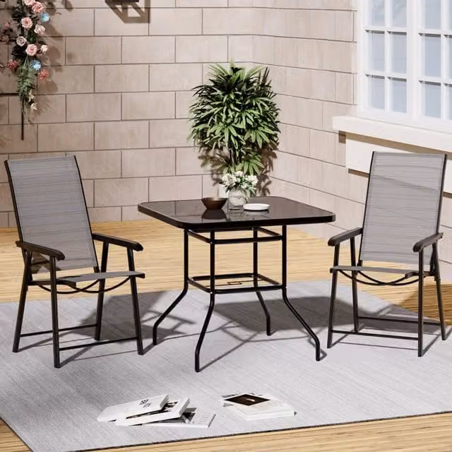 Livingandhome Modern Square Bistro Set with Glass Table and 2 Fabric Chairs in Black
