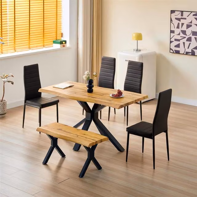 Kosy Koala 6 Piece Dining Set with Rectangular Wood Table, Metal Chairs and Bench in Black and Brown