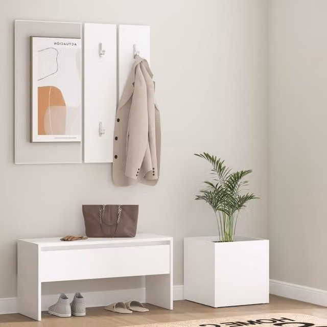 Berkfield Home White Engineered Wood Hallway Furniture Set with Bench, Mirror and Wall Rack