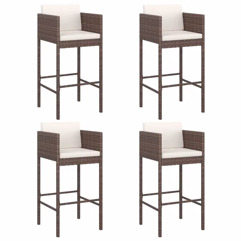 Berkfield Home Set of 4 Brown Poly Rattan Bar Stools with Fabric Cushions