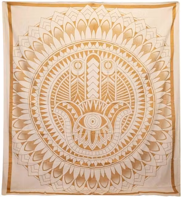 KDMD Hamsa Design Double Cotton Bedspread and Wall Hanging in White and Gold