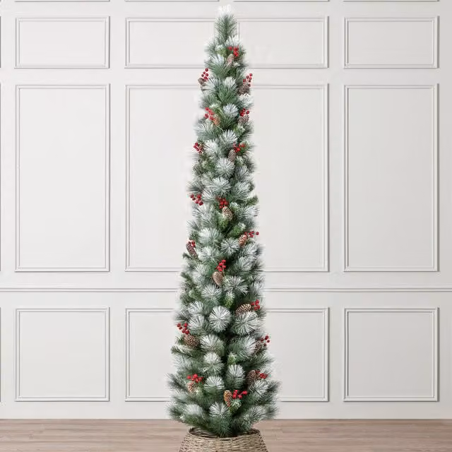 Christow Slim Artificial Pencil Christmas Tree with Snow, Cone and Berry Decorations in Green and Multicolour, Height: 182.88 cm
