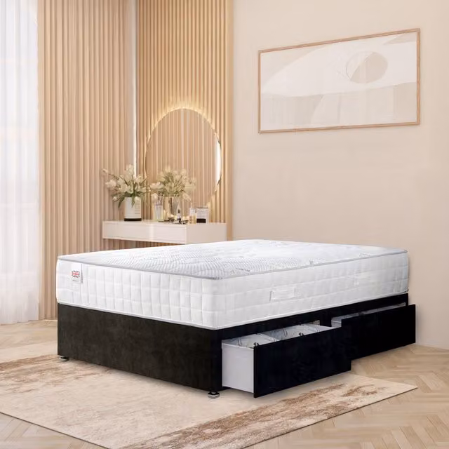 Horizona Black Plush Velvet Upholstered Hybrid Divan Bed with Drawers, W/D/H: 200 x 200 x 34.5 cm