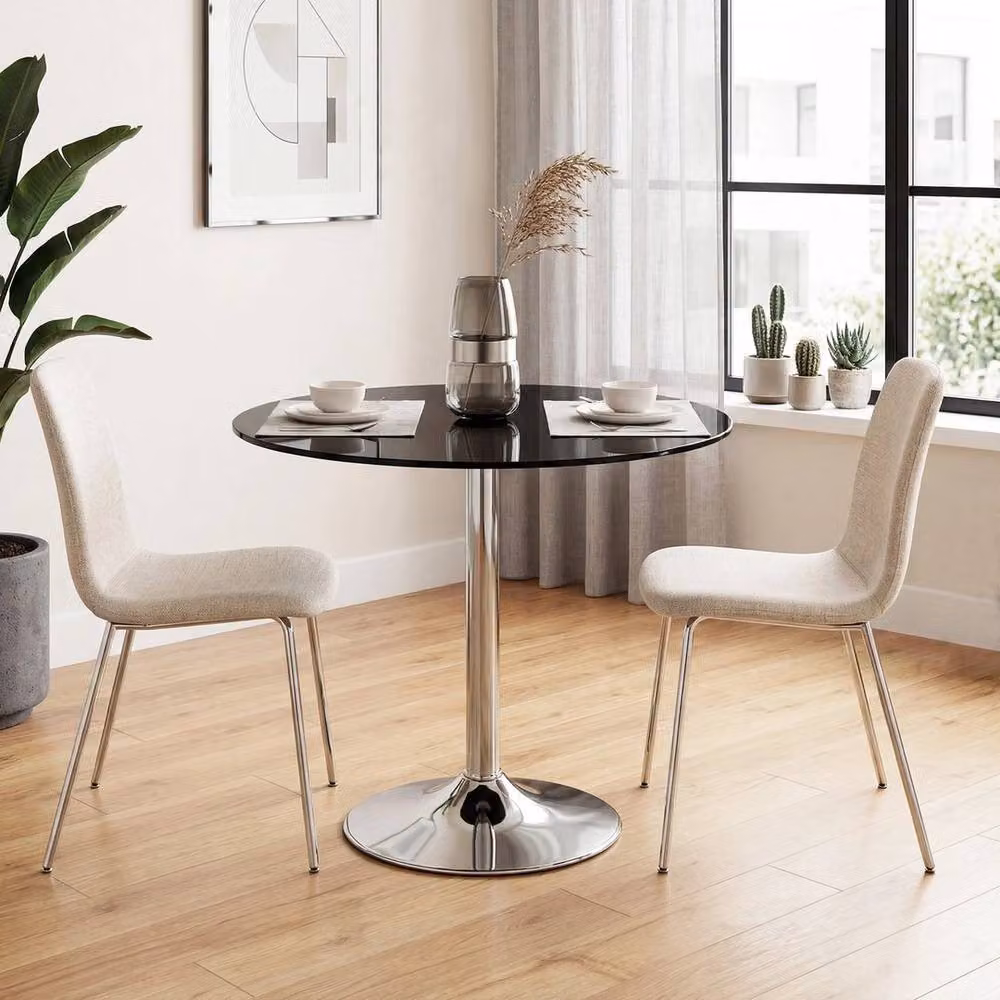 FORGEVIO Round Glass Bar Table with Glossy Black Central Column – 5