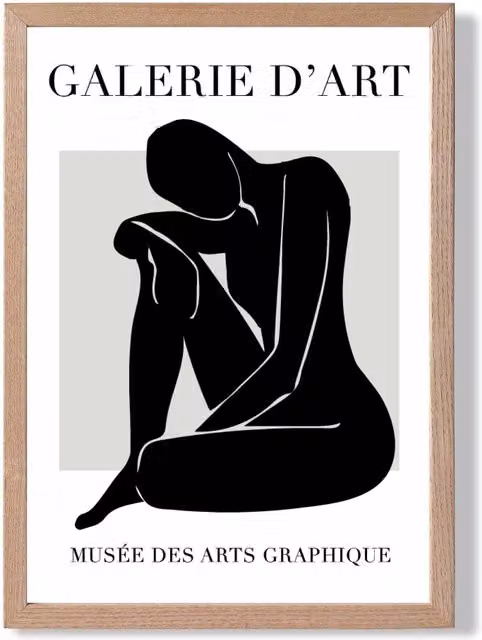 ARTZE Matisse Nude Abstract Framed Print in Black, Grey and White with Oak Wood Frame, A3 – 1