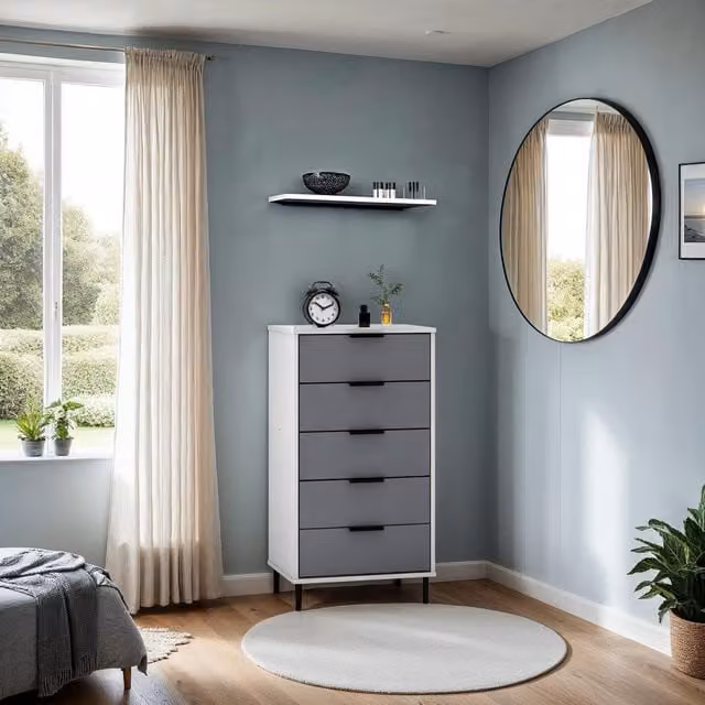 Seconique Madrid 5 Drawer Narrow Chest in Grey, White and Black Glossy MDF