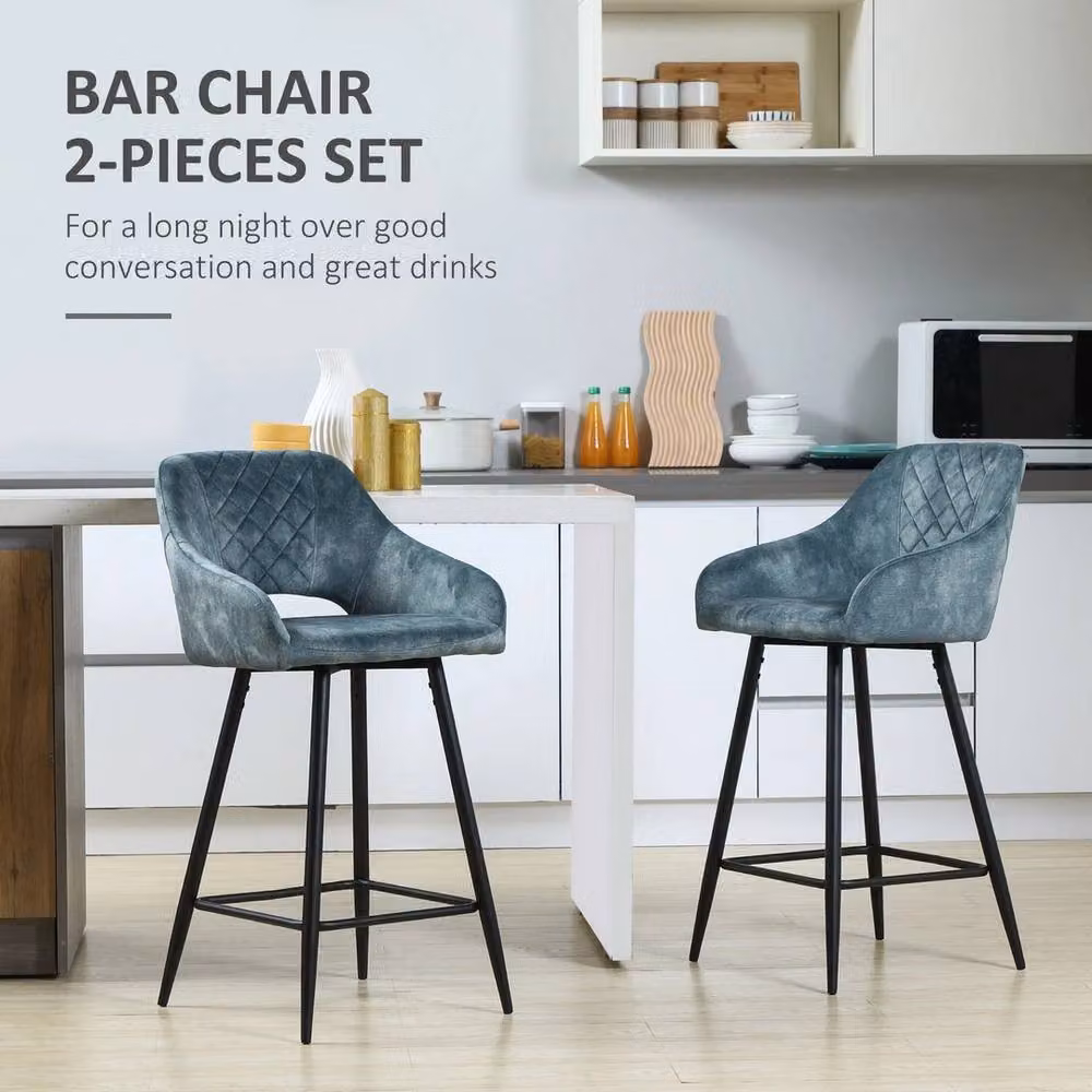 VOGREX Set of 2 Blue Velvet Counter Height Bar Stools with Metal Legs – 4