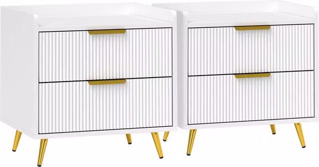 HOMCOM Set of 2 Elegant Modern Two-Drawer Bedside Tables in White and Gold