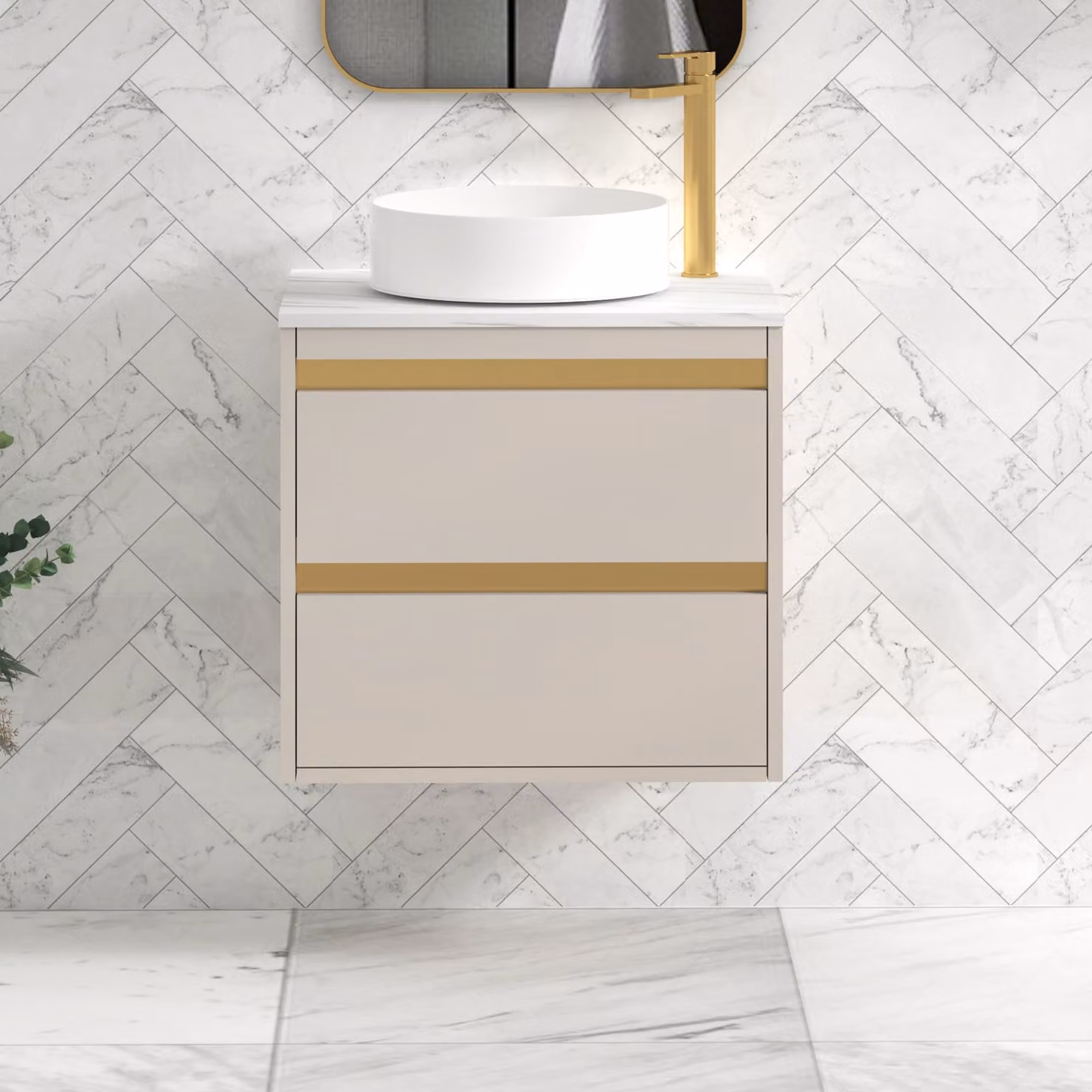 Royal Bathrooms Orion 600mm Wall Hung Vanity Unit in Warm Taupe with Carrara White Undrilled Worktop and Brushed Brass Accent Trim