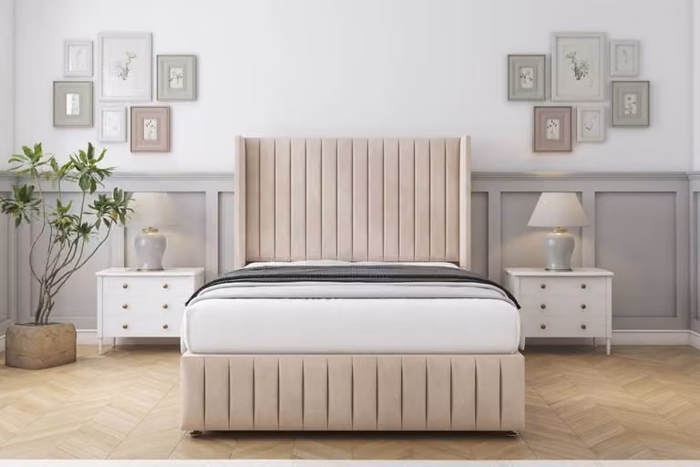 Sloomy Marlborough Naples Divan Set in Light Sand with Wingback Headboard and Footboard, Double Size (W/D/H: 140 x 200 cm)