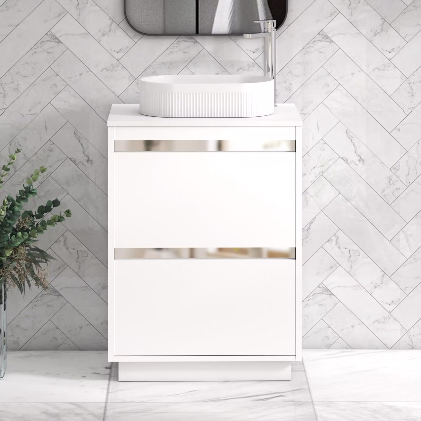 Royal Bathrooms Orion 600mm Matt White Floor Standing 2 Drawer Vanity Unit with Lyon Basin and Chrome Accent Trim