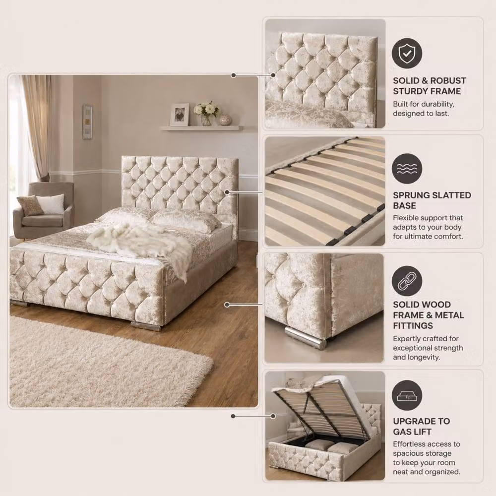 Stratus Interiors Florida Diamond Pattern Plush Velvet Single Ottoman Bed with Gas Lift Storage in Beige (W: 90 cm, L: 190 cm) – 2