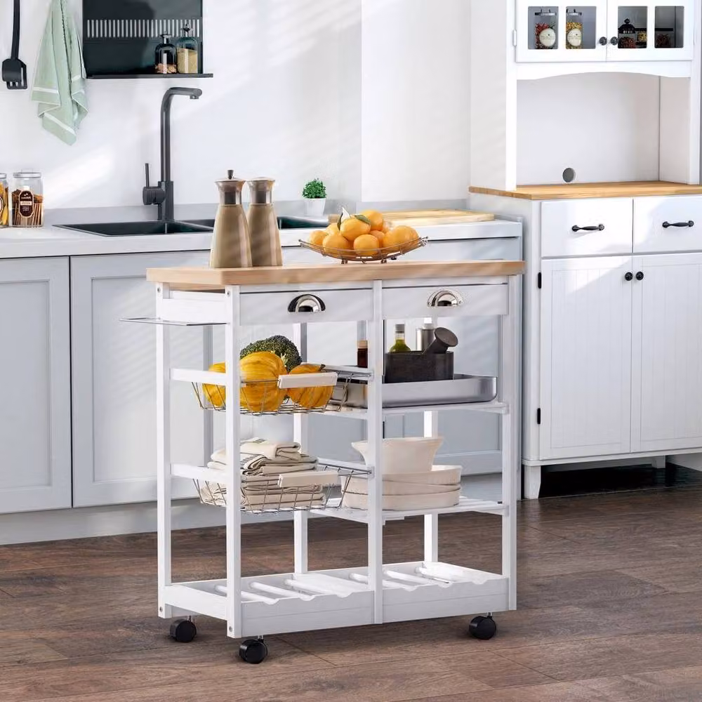 KORVIXA White Rolling Kitchen Island Trolley Serving Cart with Pine Wood and Metal Tiers – 2
