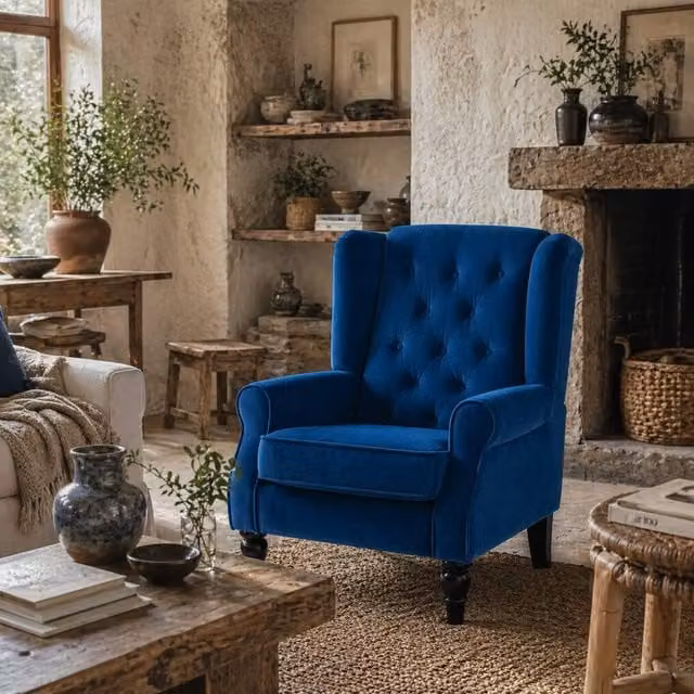 Wyld Haus Topano Blue Velvet Wingback Accent Armchair with Diamond Button Tufting, H 86 cm x W 74 cm x D 102 cm
