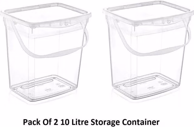 FLAVORA NEW Pack of 2 Clear Plastic Washing Powder Containers with Lids and Handles, 10 l each