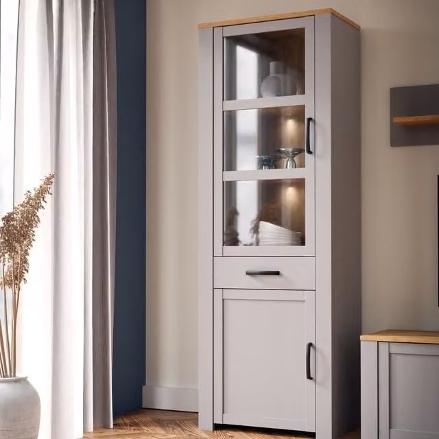 Furniture To Go Bohol Narrow Display Cabinet with Integrated LED Lights, Glass Doors and Soft Close Hinged Doors in Riviera Oak and Grey Oak