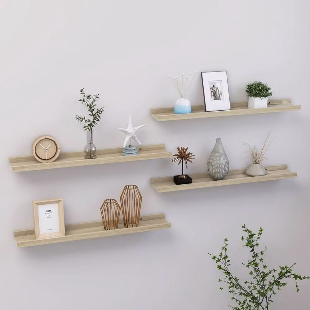Berkfield Home Sonoma Oak Wall Shelves, 4 Piece Set in Light Tan, W: 60 cm, D: 9 cm, H: 3 cm – 2