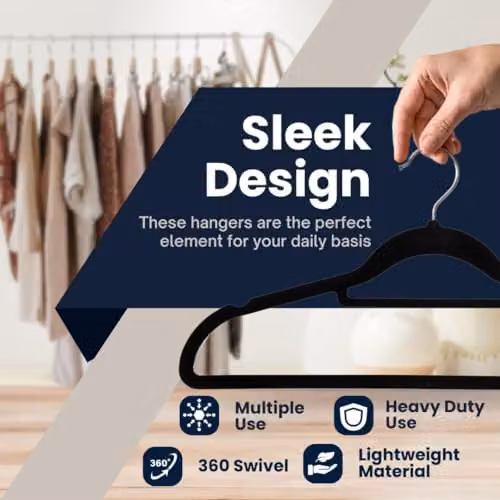 Sasha Morel 20 Pack Non-Slip Velvet Coat Hangers with Tie Organiser and Swivel Hooks in Black – 2