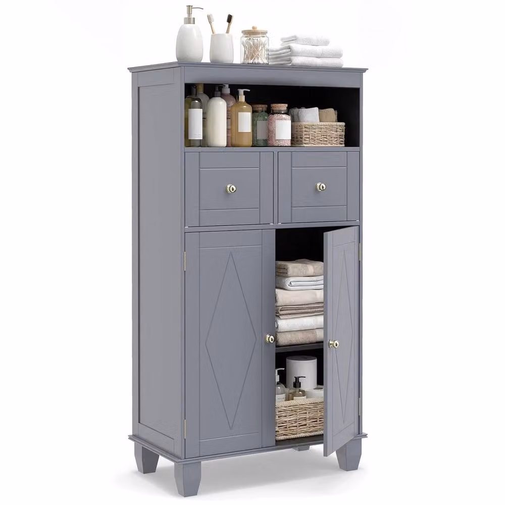 VOGREX Grey Wide Freestanding Bathroom Cabinet with 2 Hinged Doors, 2 Internal Drawers and Adjustable Shelves – 3