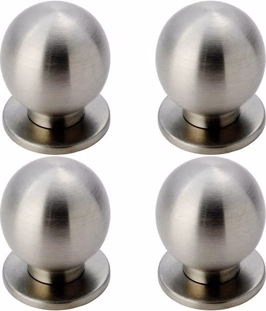 Loops Set of 4 Small Solid Ball Cupboard Door Knobs, Brushed Stainless Steel, 25mm Diameter