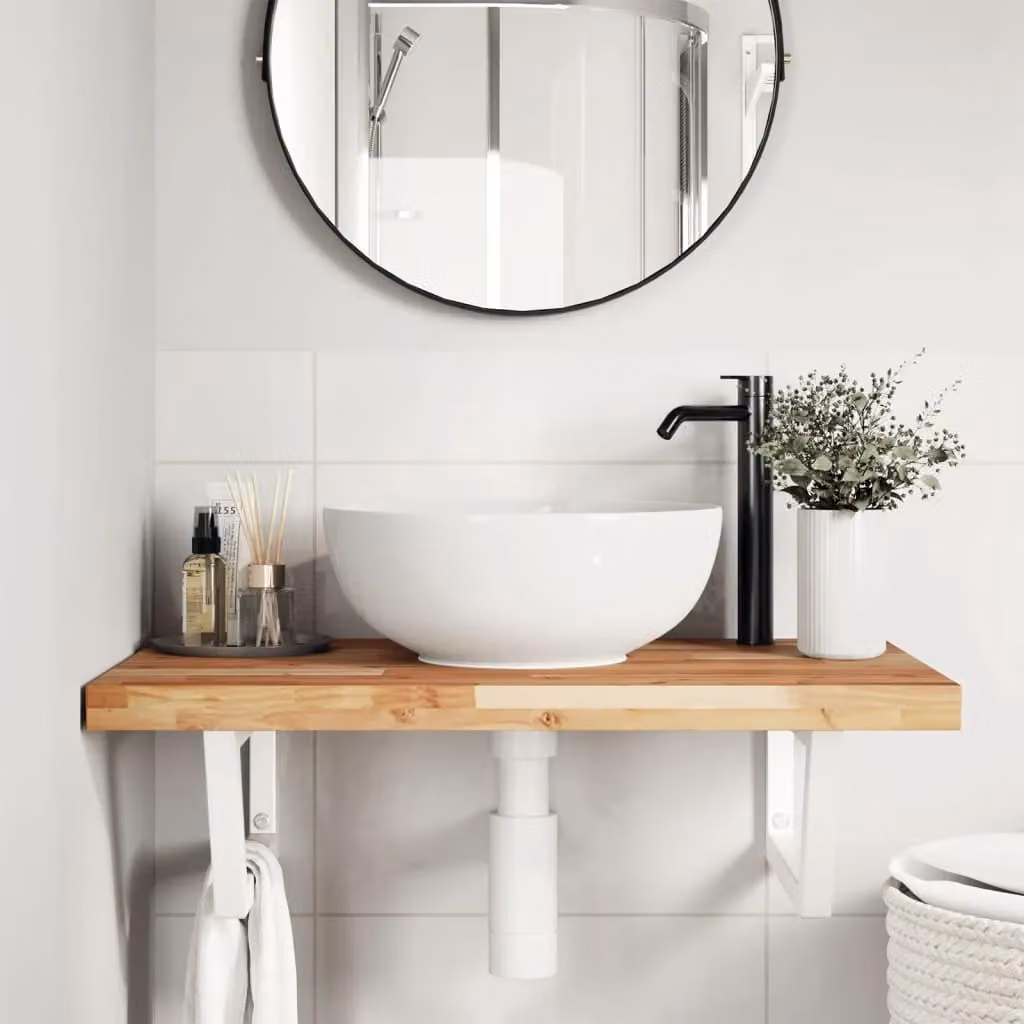 Berkfield Home Wall Mounted Basin Shelf in Brown Acacia Wood and Steel – 2