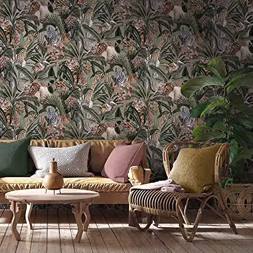 Holden Decor Safari Floral Animal Fusion Wallpaper in Grey, Silver, Green and Multicolour – 2