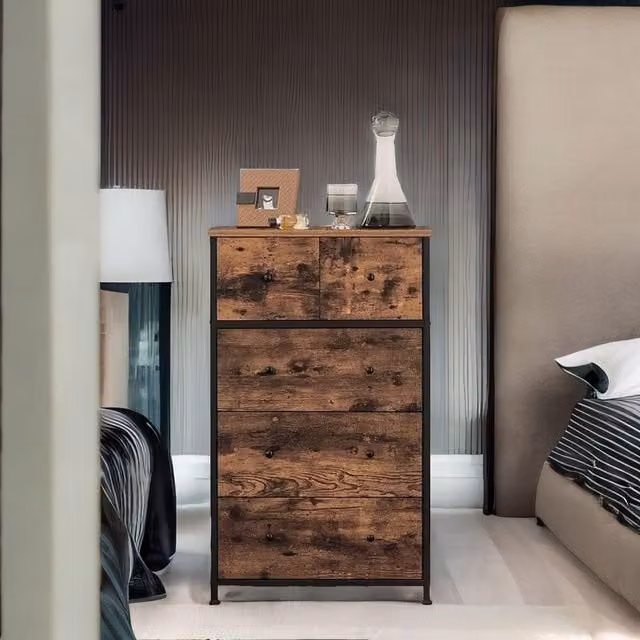 FURNOS 5 Drawer Fabric Bedroom Dresser Storage Organiser in Rustic Brown and Black – 1