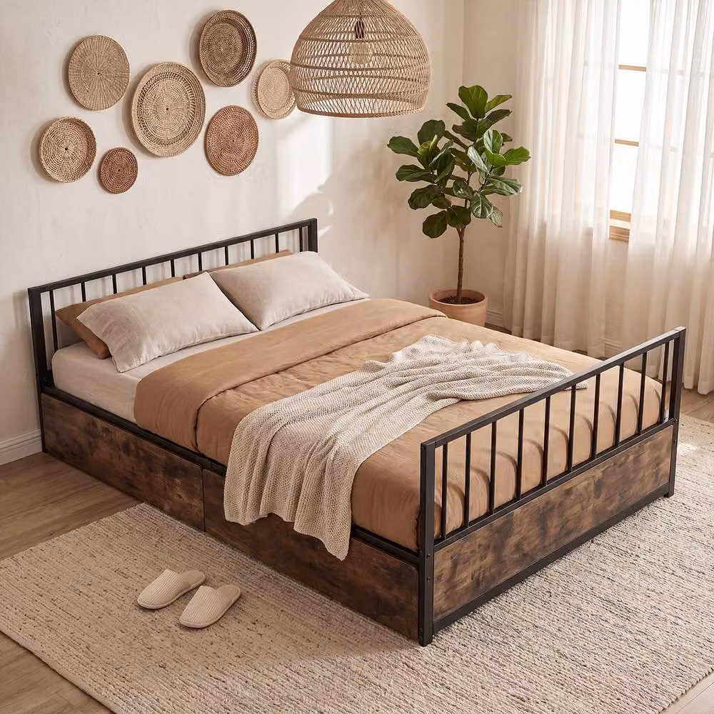 Gymax Industrial Metal Platform Bed Frame with 2 Drawers, Black, 140 x 200 cm – 4
