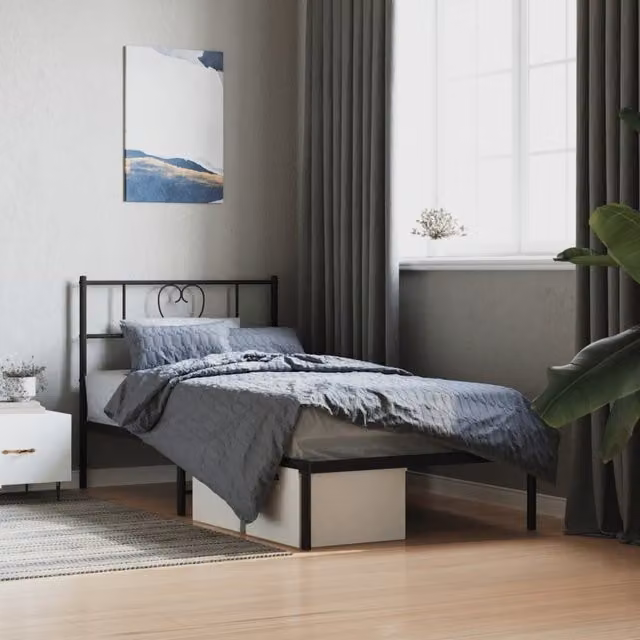 Berkfield Home Metal Bed Frame with Headboard in Black, W/D/H: 100 x 200 cm