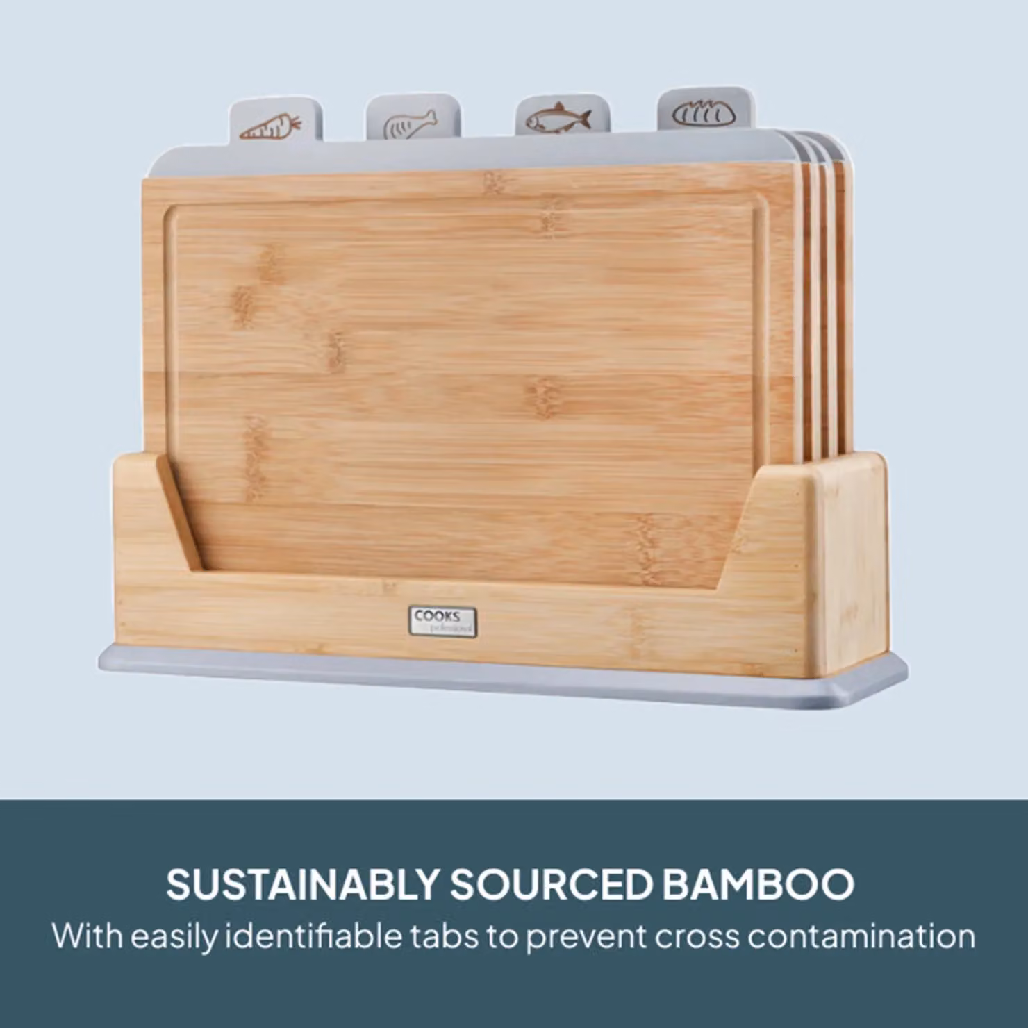 Cooks Professional Set of 4 Grey Bamboo Index Chopping Boards with Stand and Food Type Tabs – 3