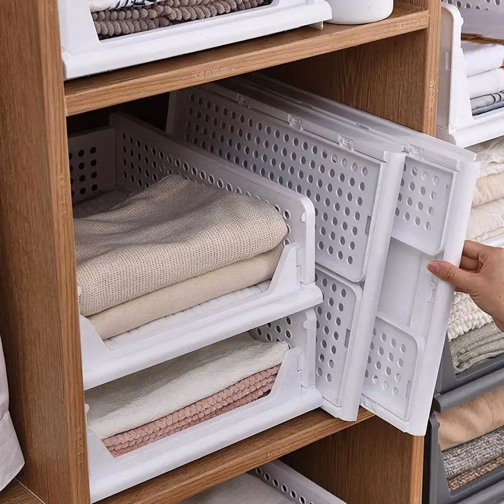 EONLION 4-Piece Set of Foldable and Stackable White Plastic Clothes Storage Boxes with Mesh Detail, Width: 60 cm – 3