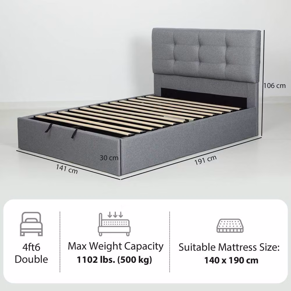 Wyld Haus Sutto Double Ottoman Bed with Gas Lift Storage, Grey, W/D/H: 140 x 200 x 106 cm – 4