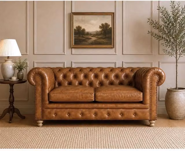 Elm Home And Garden 2 Seater Chesterfield Sofa in Brown Tan Genuine Leather with Solid Wood Frame