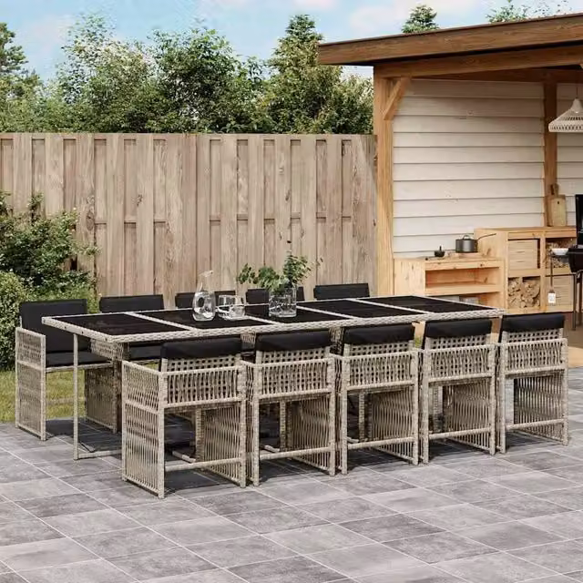 Berkfield Home 11 Piece Extendable Garden Dining Set with Light Grey Poly Rattan and Glass Tabletop