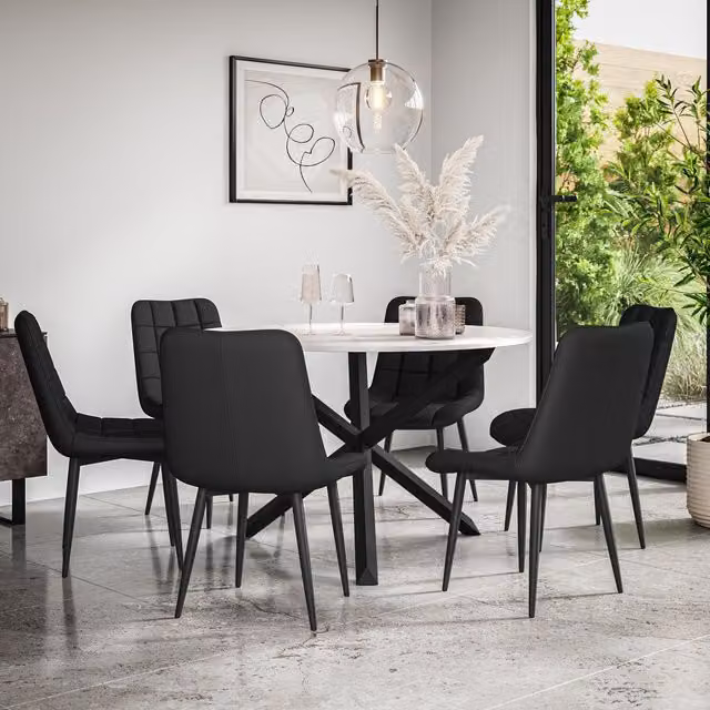 More4Homes Malvern Round Dining Table and 6 Nova Faux Leather Chairs Set, Marble Top with Black Solid Oak Legs