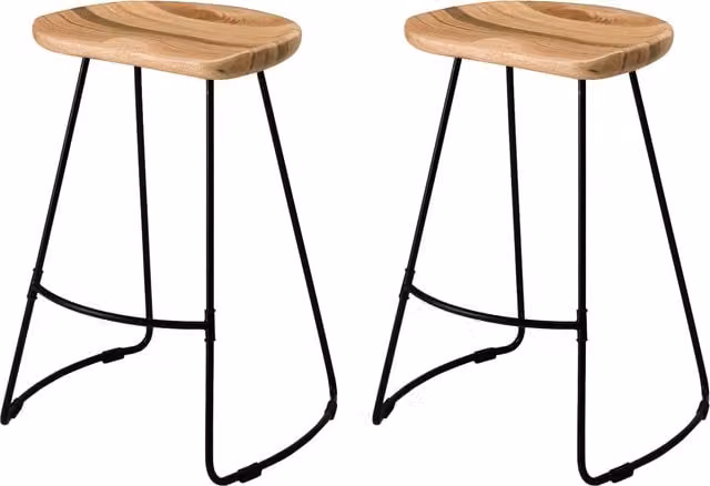 MH London Volt Round Saddle Solid Wood Seat Counter Stools in Natural Brown, Height: 66 cm