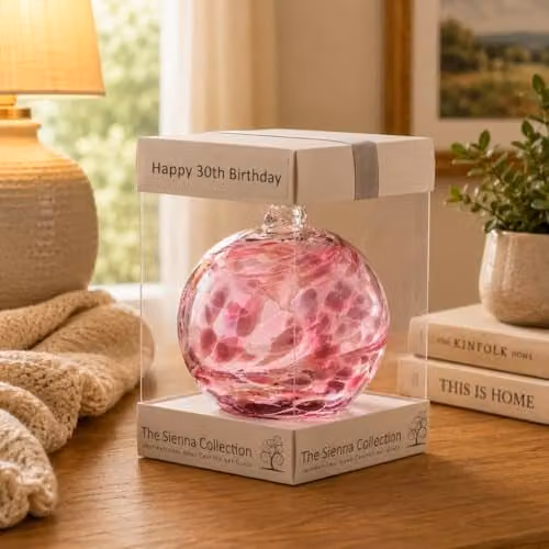 Sienna Glass Purple Friendship Ball Happy 30th Birthday Handcrafted Mouth-Blown Glass Hanging Ornament, Diameter: 10 cm