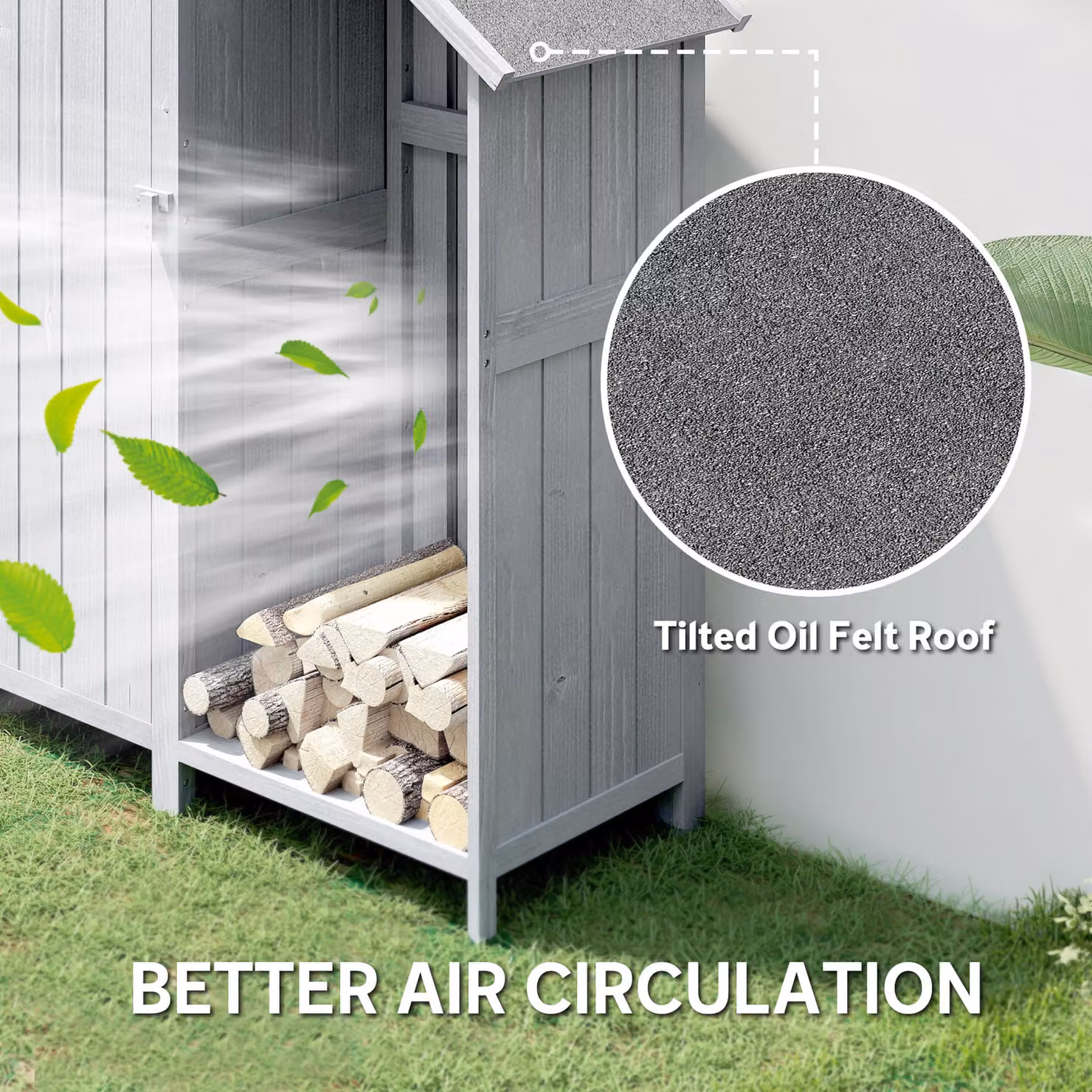 Outsunny Garden Outdoor Storage Shed with 3 Shelves and Firewood Rack, Grey/Black, W: 129 cm, D: 51.5 cm, H: 180 cm – 5