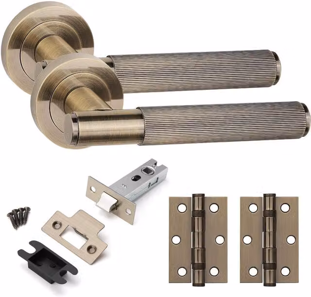 Golden Grace Linear T-Bar Internal Door Handle Set with Round Rose in Antique Brass