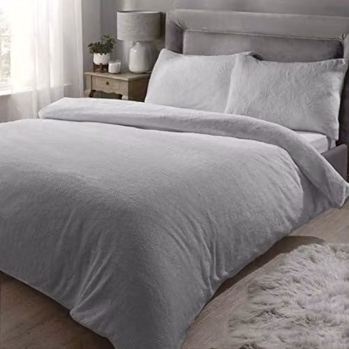 Rapport Home Teddy Fleece Polyester Duvet Cover Set and Pillowcase in Silver, Single, W/D/H: 135 x 200 cm and 50 x 75 cm
