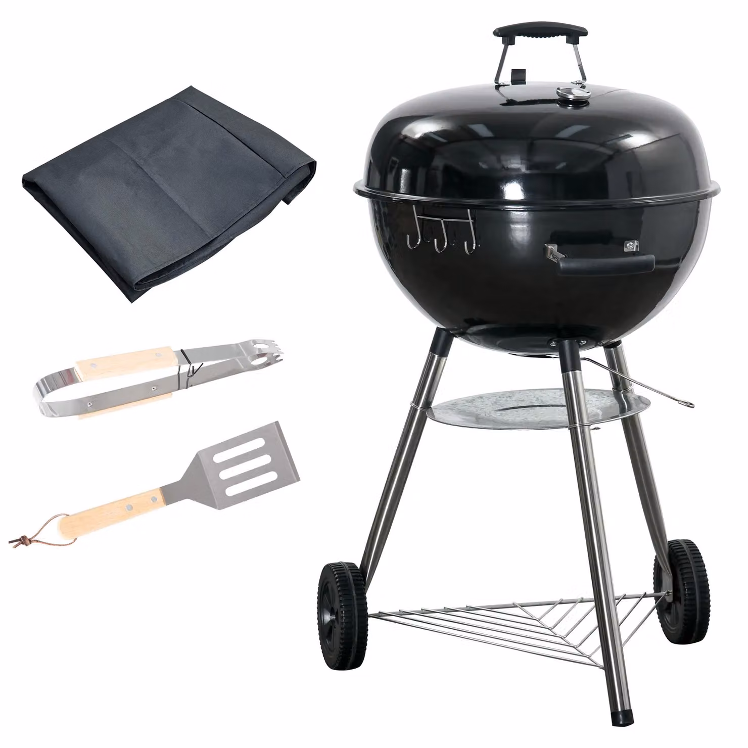 OUTSUNNY Black Portable Kettle Charcoal BBQ Grill and Smoker with Cover, Lid, Thermometer and Wheels, W/D/H: 108 x 54 x 65 cm – 2
