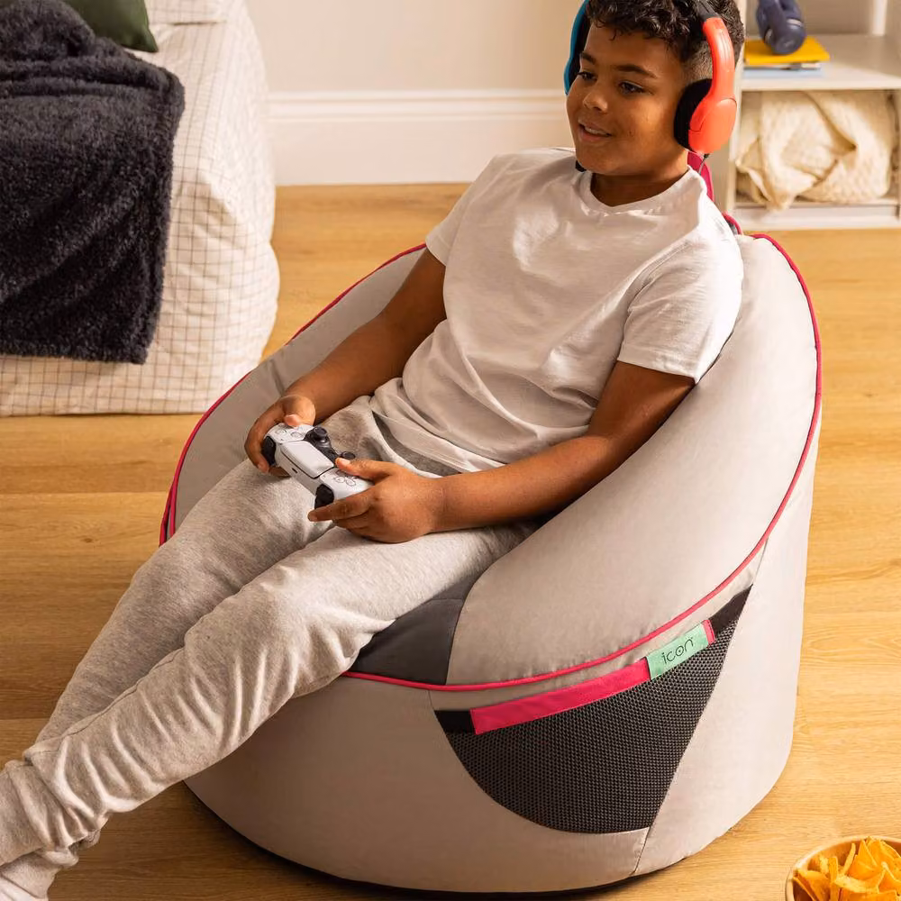 icon Alpha Kids Gaming Bean Bag in Grey and Pink with Filling Included – 4