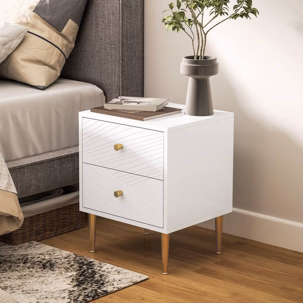 STILVORA Modern Bedside Table with 2 Drawers in White and Gold – 3